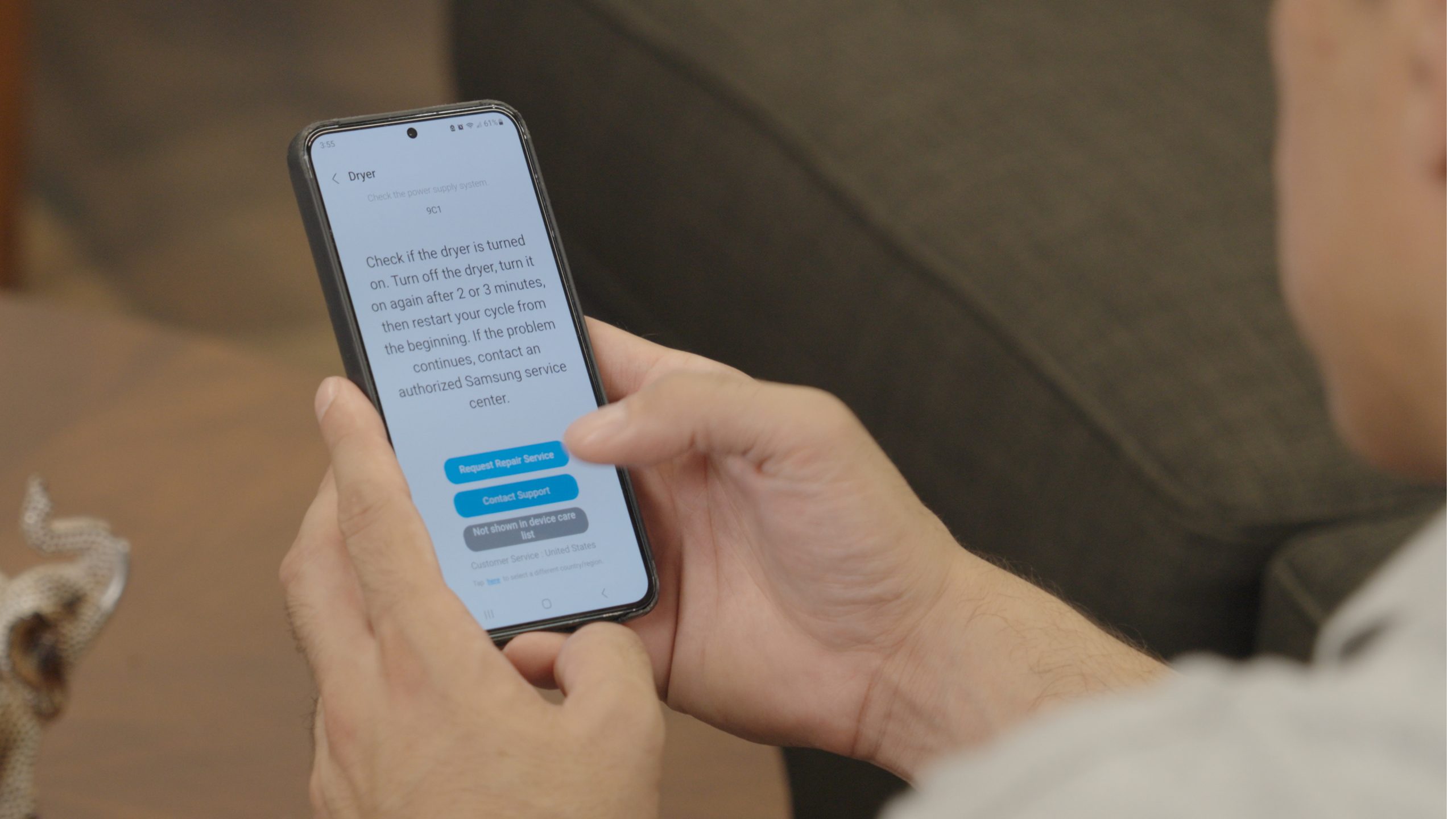 Samsung SmartThings app showing instructions to troubleshoot a dryer.